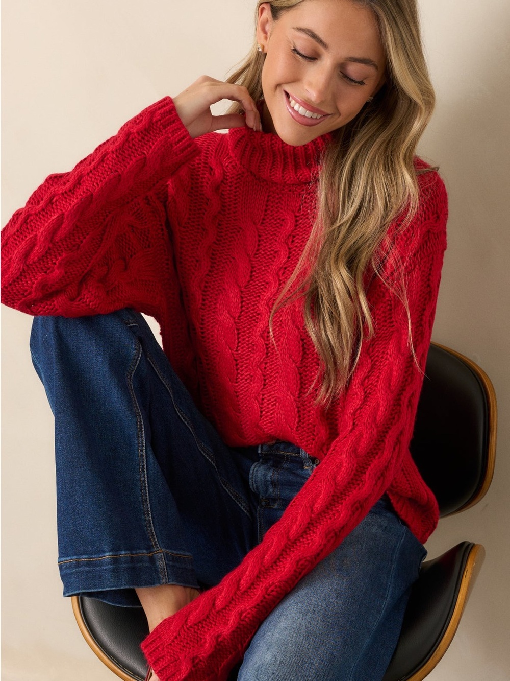 Z SUPPLY TIED TO YOU RED CABLE KNIT TURTLENECK SWEATER